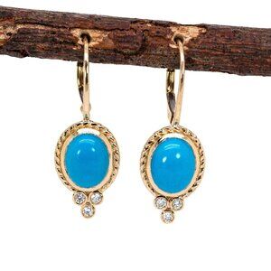 Sleeping Beauty Turquoise Earrings in Solid 14K Gold with Real Diamond Accents